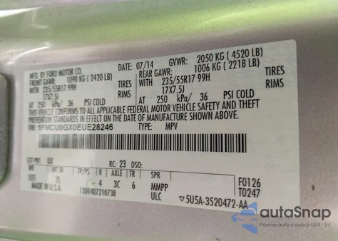 2014 Ford Escape Se z USA, uszkodzony, nr VIN 1FMCU0GX0EUE28246